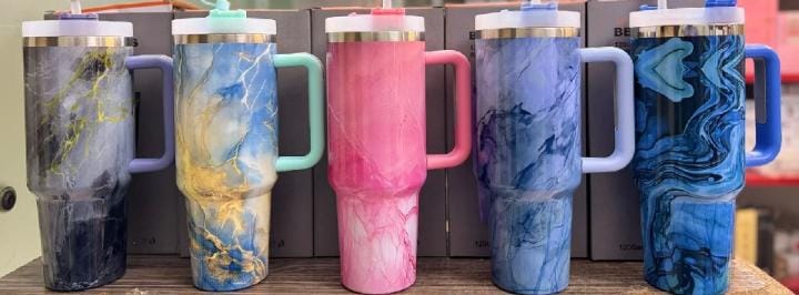 30oz/1200mL Marbled Insulated Tumbler Mug with Handle & Straw - Stainless Steel | Multiple Colors