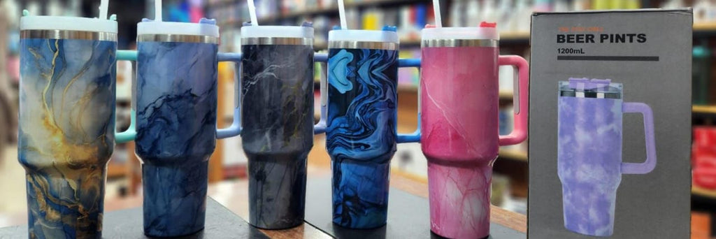 30oz/1200mL Marbled Insulated Tumbler Mug with Handle & Straw - Stainless Steel | Multiple Colors